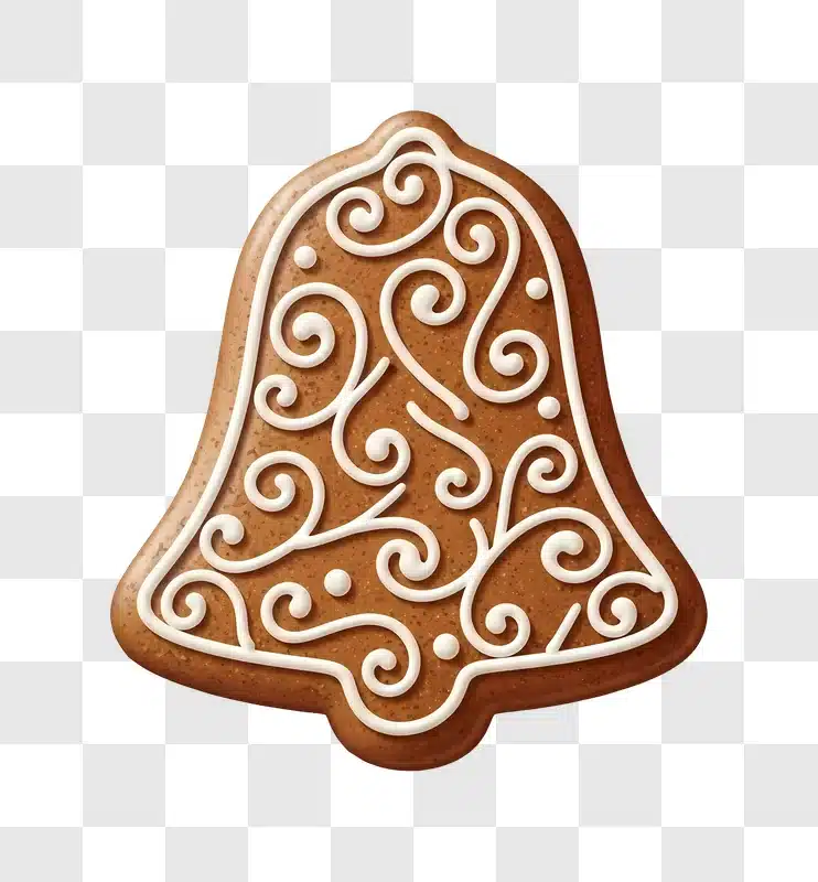 gingerbread bell cookie with white icing on brown