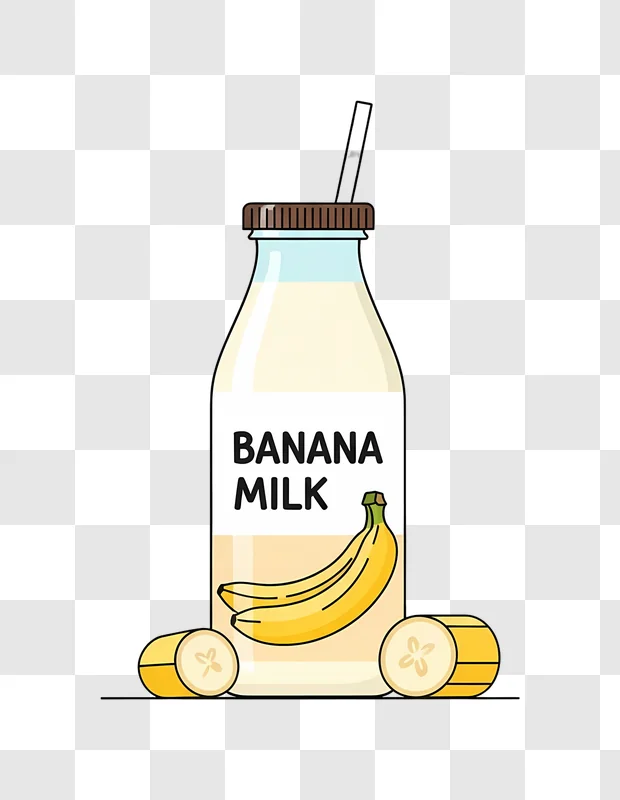 glass bottle of banana milk with straw