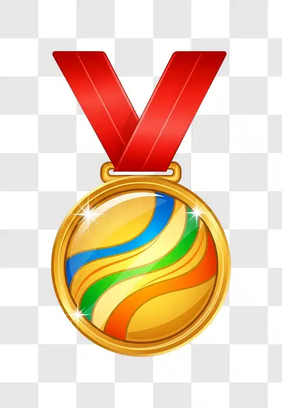 gold medal with red ribbon and swirls