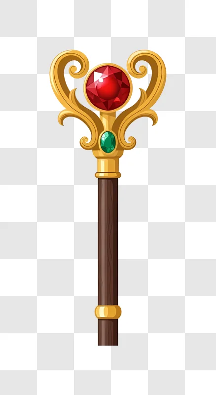 golden ornate staff with ruby and emerald gems