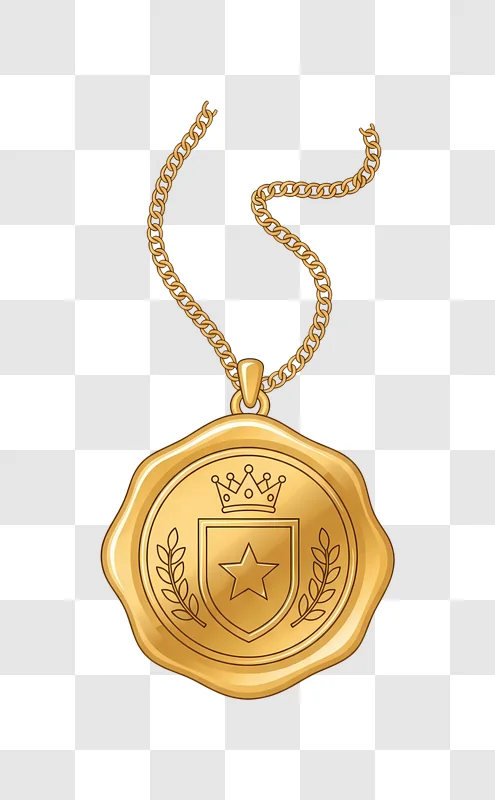 golden wax seal medal on chain with crown and star