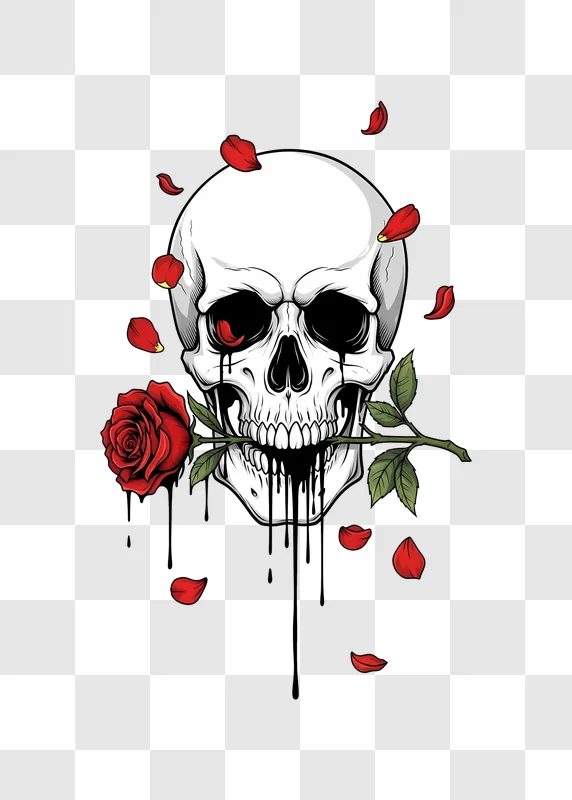 gothic skull with red rose and falling petals