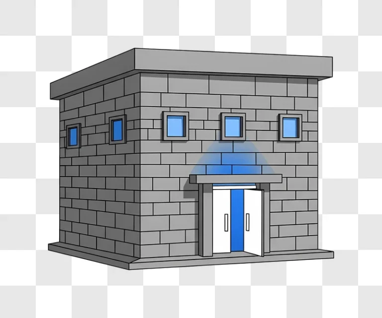 gray brick building with blue doors and windows