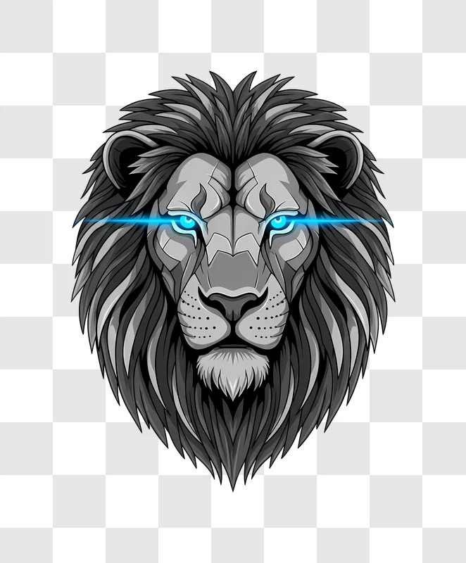 grayscale robotic lion head with blue eye beam