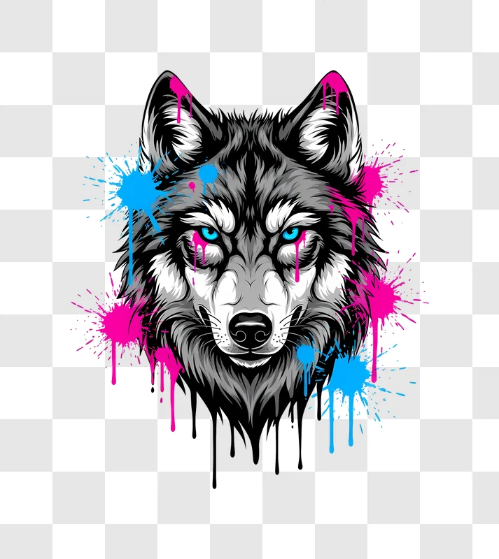 grayscale wolf head with vibrant paint splatters
