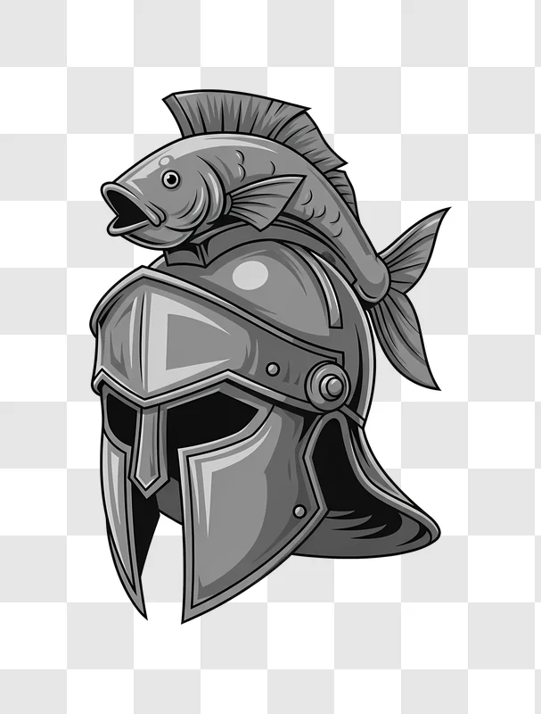 grey fish on spartan helmet cartoon illustration