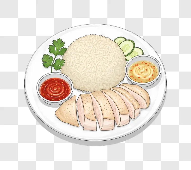 hainanese chicken rice with sauces and cucumber