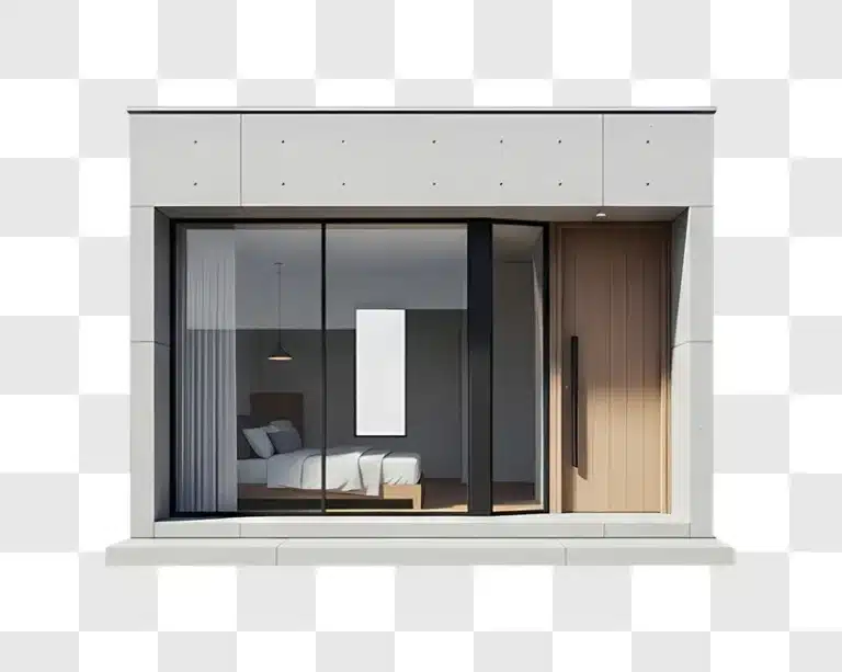 house exterior with bedroom visible through window
