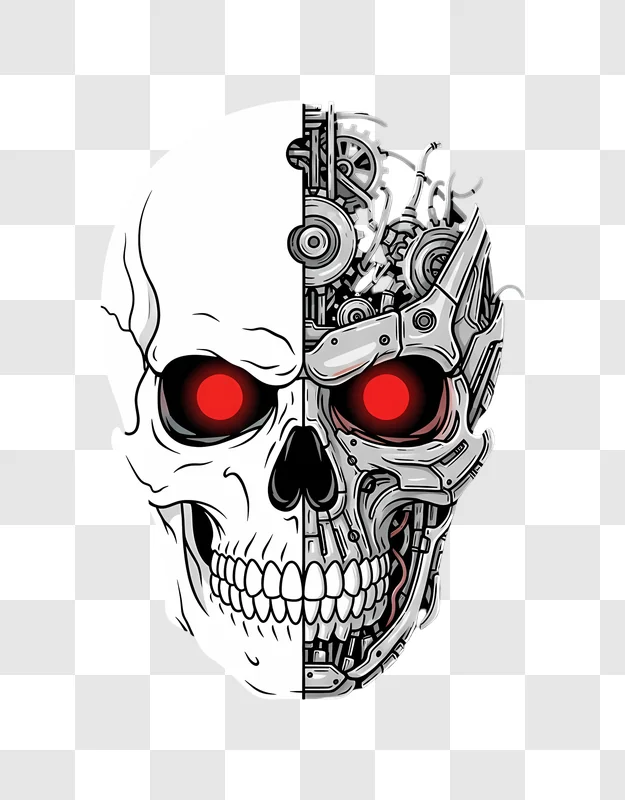 human robotic skull split view red eyes