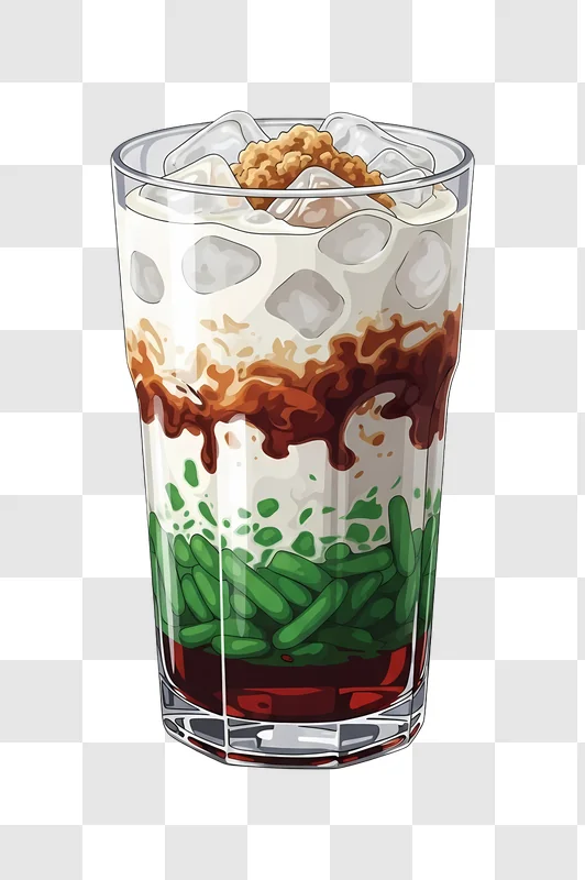 iced drink with green jelly and caramel drizzle