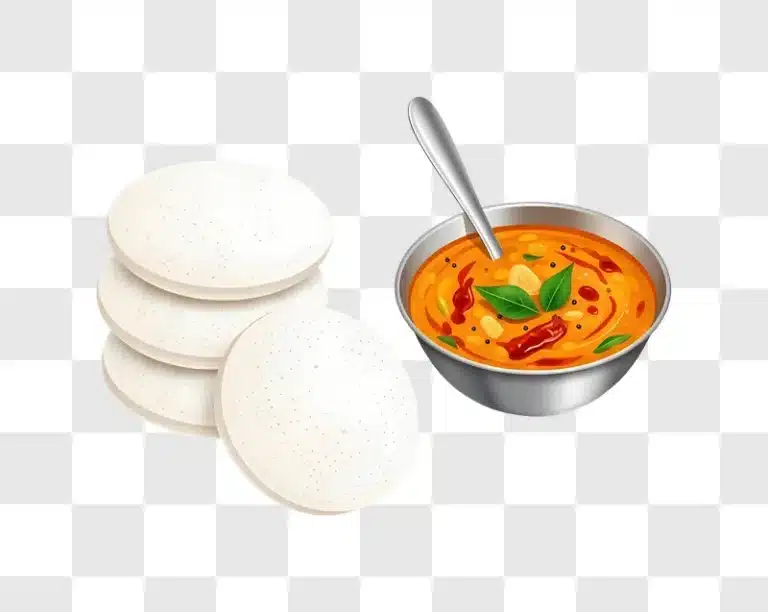 idlis with a bowl of sambar and spoon