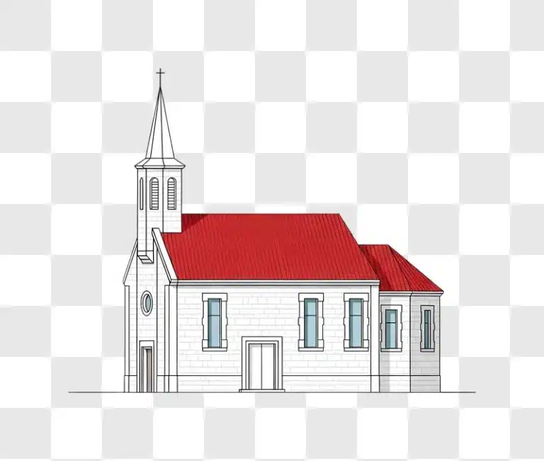 illustrated church with spire red roof yellow sky