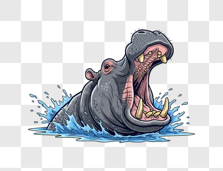 illustrated hippo mouth open splashing water