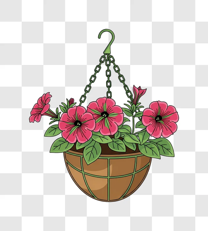 illustrated pink flowers in hanging basket