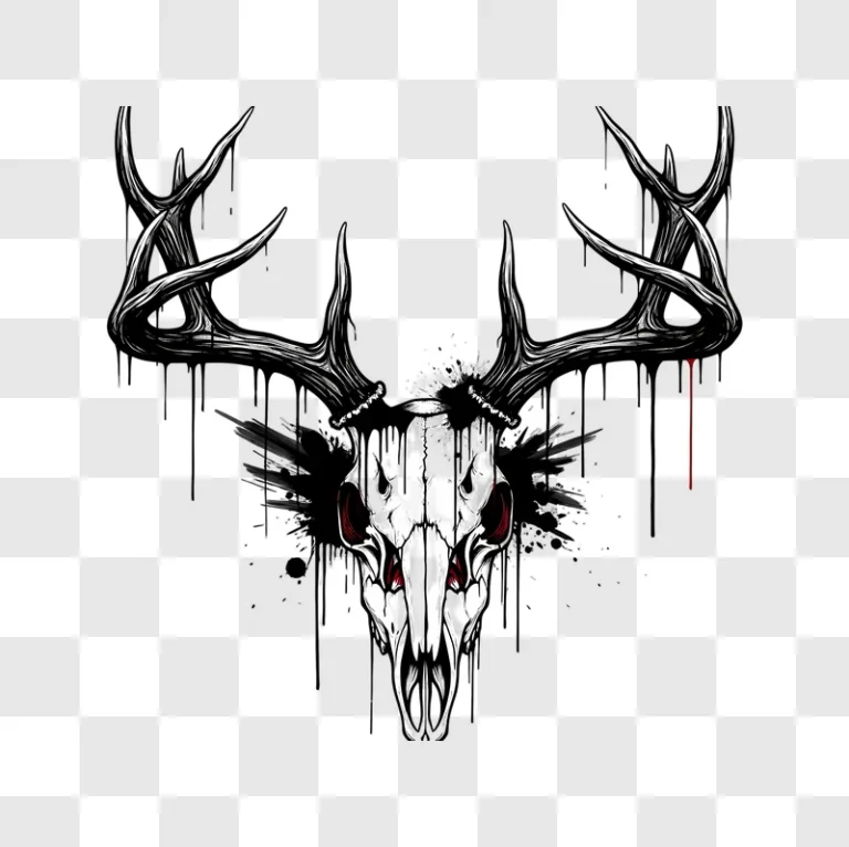 illustrated stag skull with dripping ink and red eyes