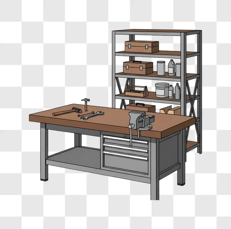illustrated workbench with tools and storage rack