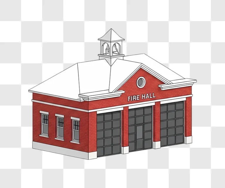 isometric red brick fire hall with bell tower