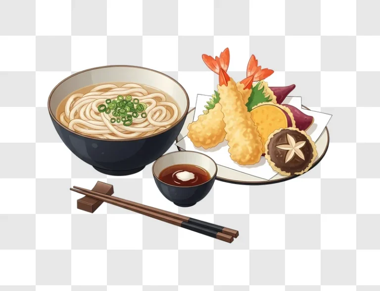 japanese udon noodles with tempura and dip