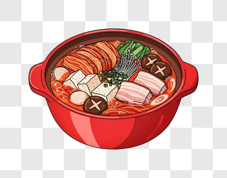 kimchi stew in red pot with pork