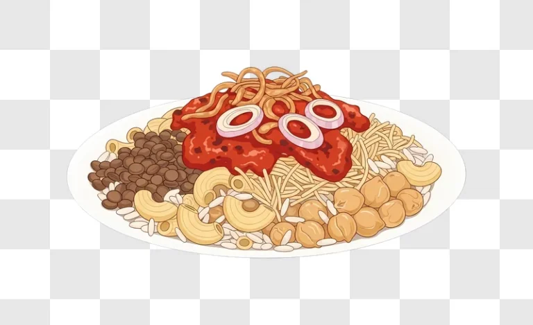 koshary dish with tomato sauce and onion rings