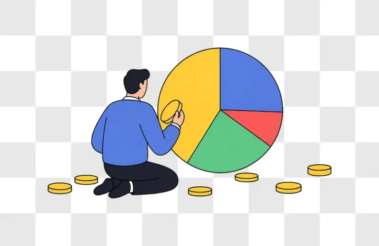 man placing coin on large pie chart