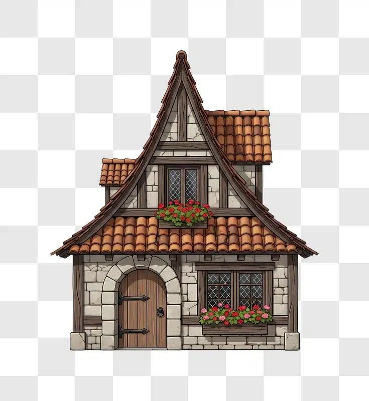 medieval stone cottage with red flowers