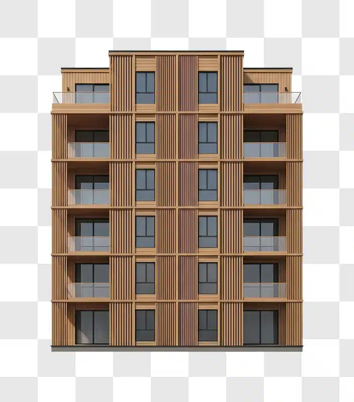 modern building facade with wooden slats and balconies