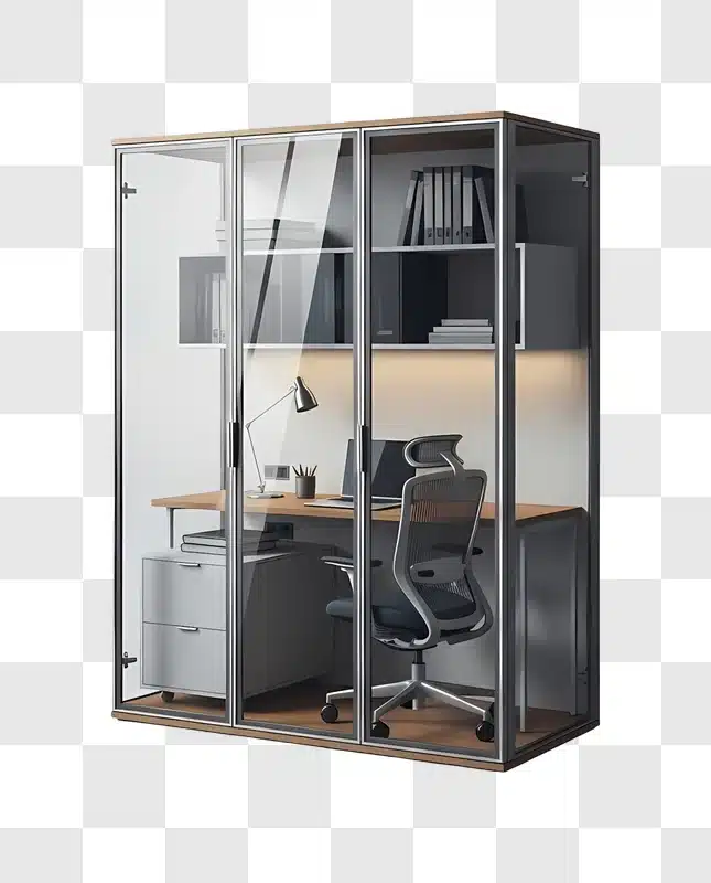 modern glass office pod with desk and chair
