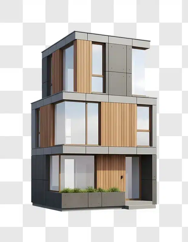 modern three story house with wood accents