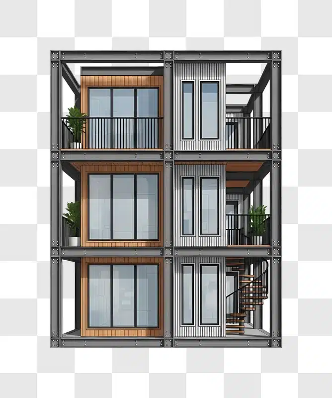 modular building facade with balconies and staircase