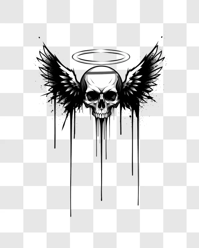 monochrome winged skull with halo abstract