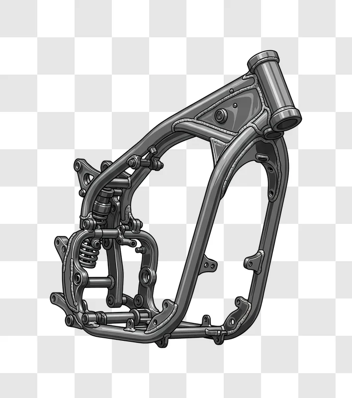 motorcycle frame illustration with detailed suspension