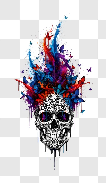 ornate skull with vibrant butterflies and paint splatters