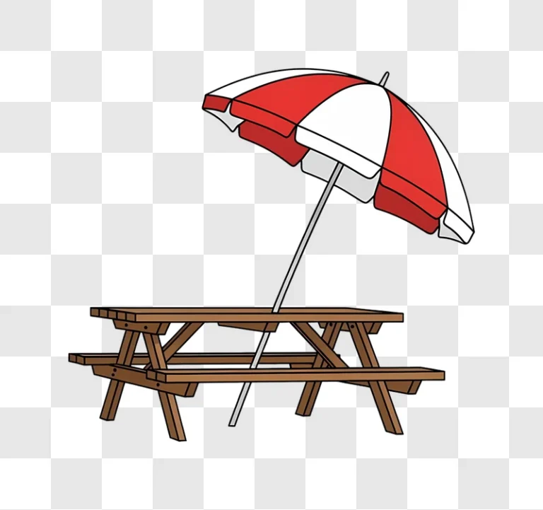 picnic table with red and white umbrella