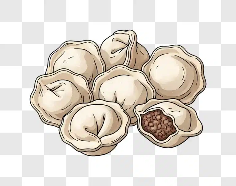 pile of raw dumplings with meat filling