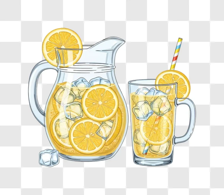 pitcher and glass full of lemonade and ice