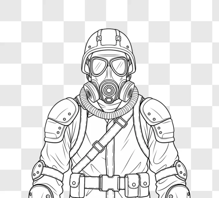 post apocalyptic soldier with gas mask line art