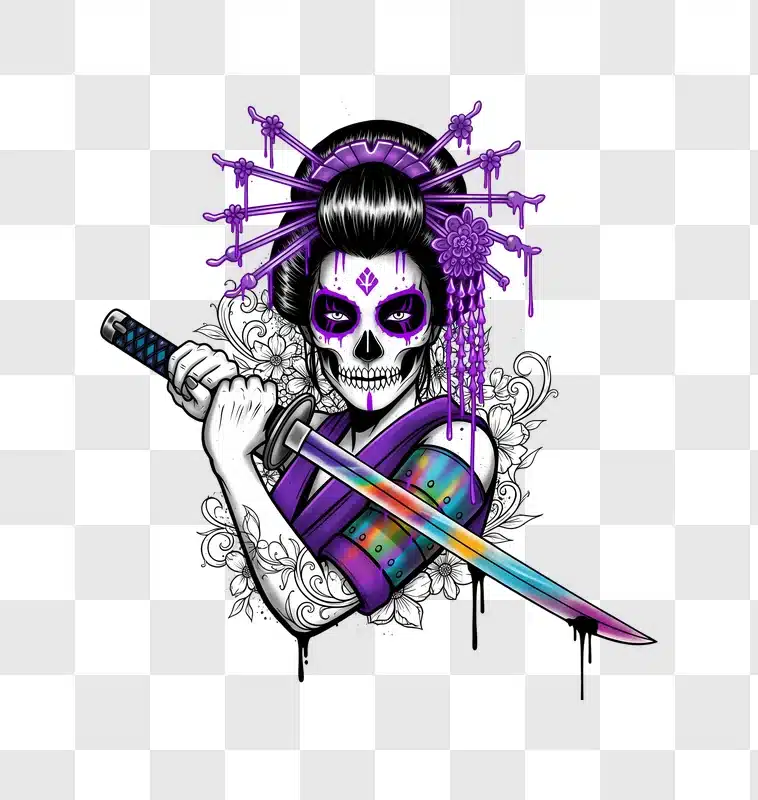 purple sugar skull geisha with katana and floral art
