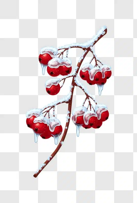 red berries on snow covered branch with icicles