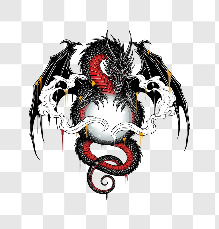 red black dragon holding orb with smoke and drips