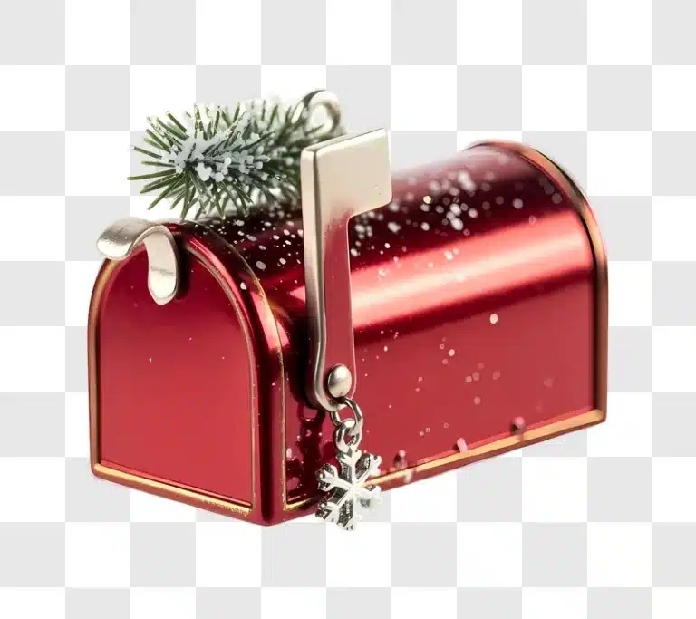 red mailbox with snowflake and pine branch