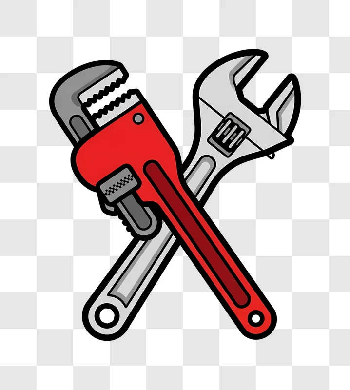 red pipe wrench and adjustable wrench crossed