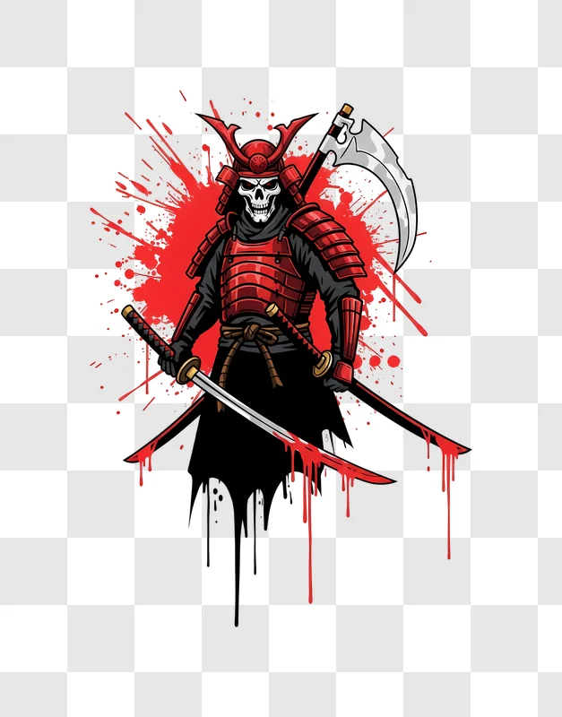 red samurai reaper with bloody katana and scythe