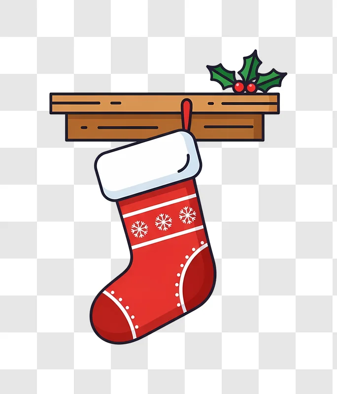 red snowflake stocking hanging on mantel with holly