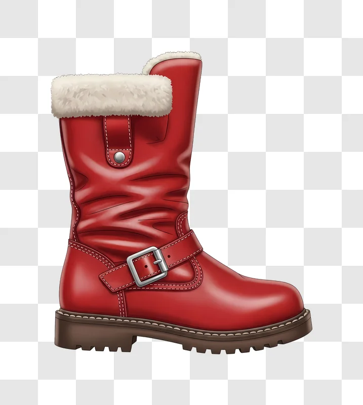 red winter boot with fur trim and buckle