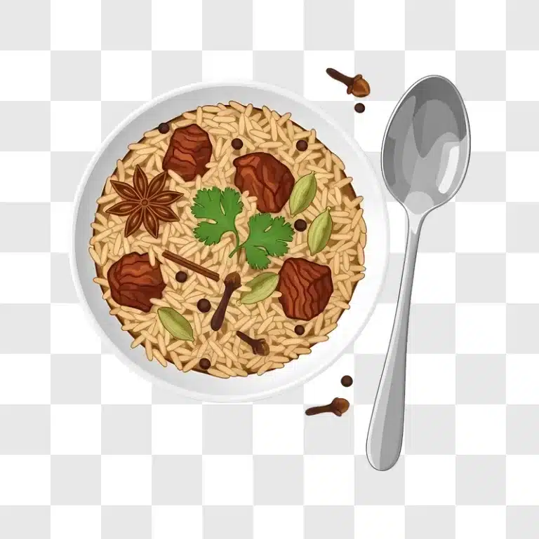 rice pilaf with meat and spices served on plate