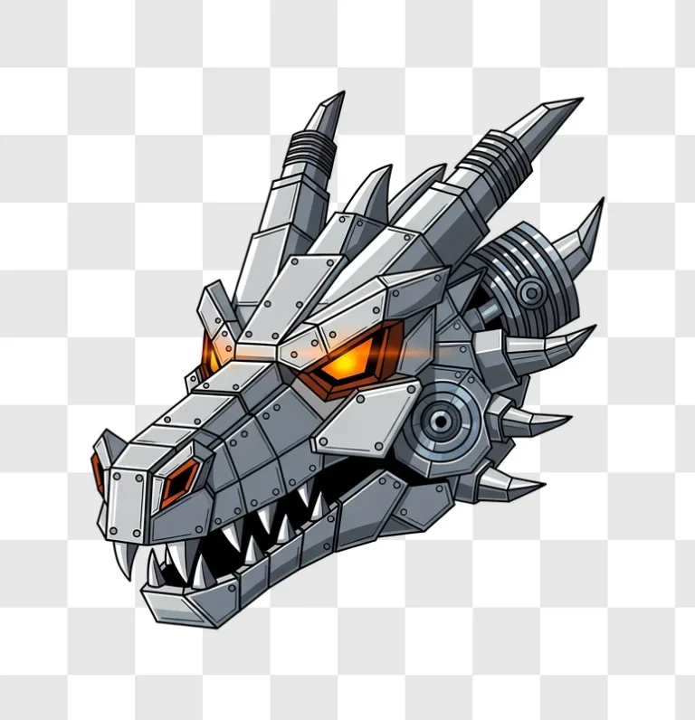 robotic dragon head with bright eyes on dark background
