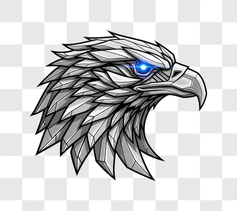 robotic eagle head with bright blue eye