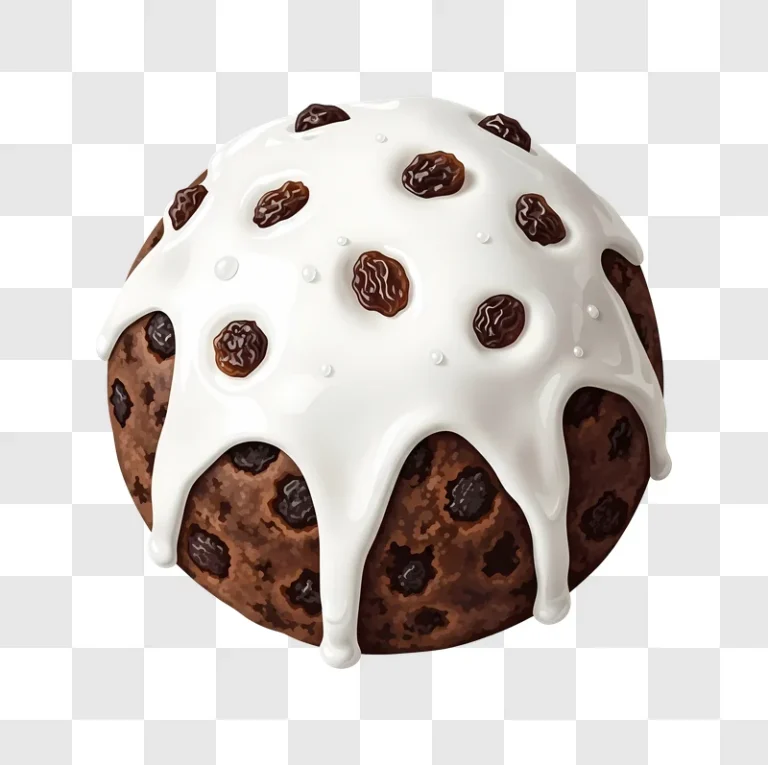 round fruitcake with dripping white icing and raisins