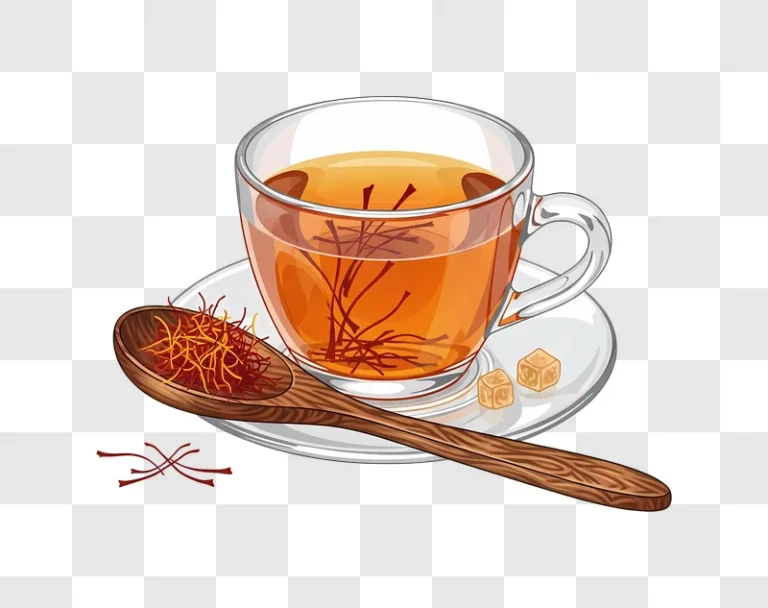 saffron tea with wooden spoon and sugar cubes